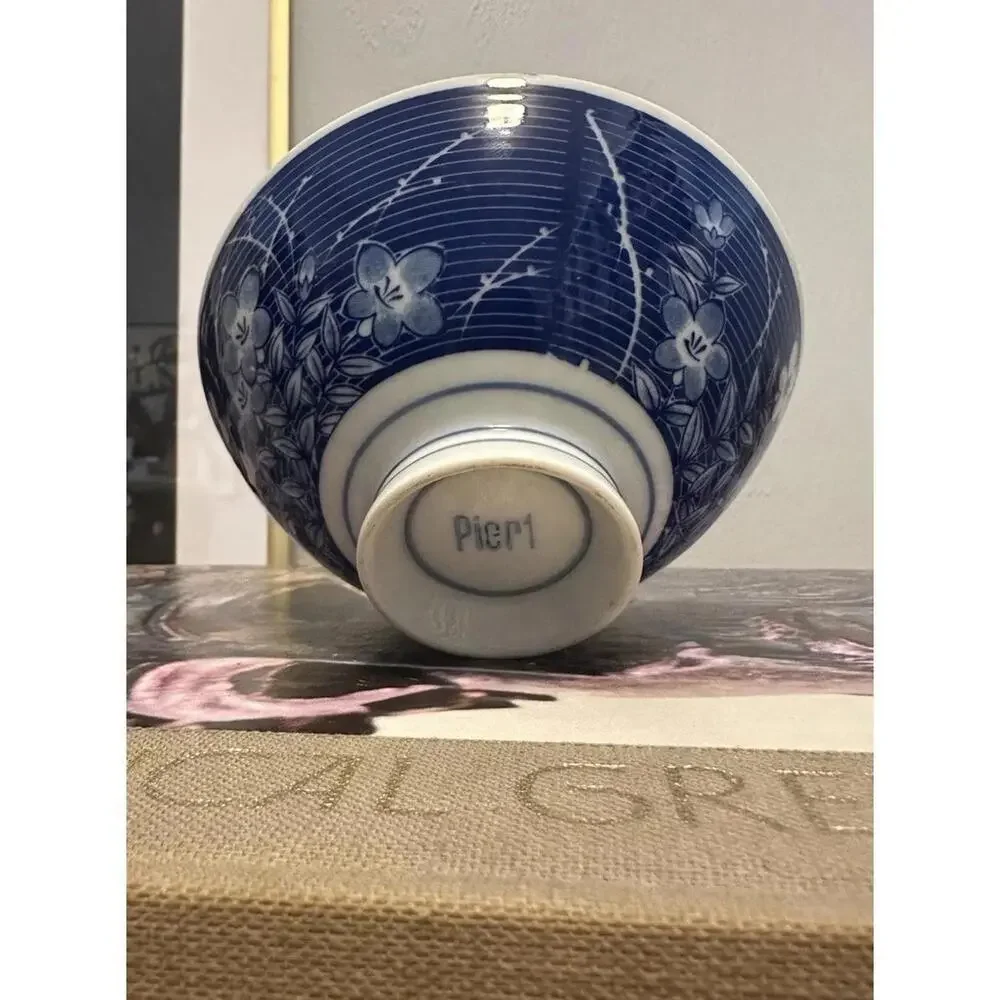 Vintage Pier 1 Blue & White Rice Bowl Pair Floral Porcelain